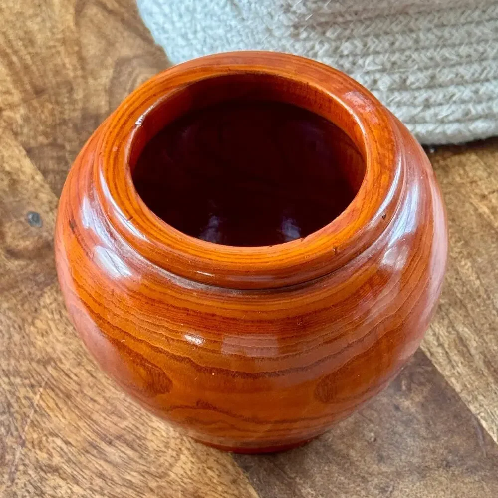 Vintage Hand Turned Wood Vase Lacquered Handmade Rustic Planter Glossy 5” - Picture 3 of 9